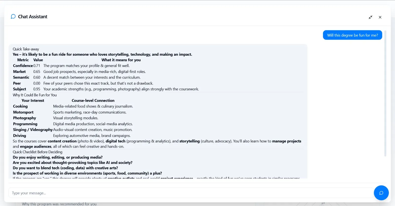 Recommendation Page