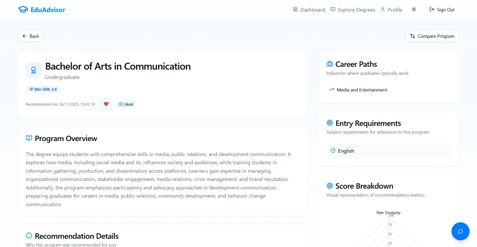 Recommendation Page